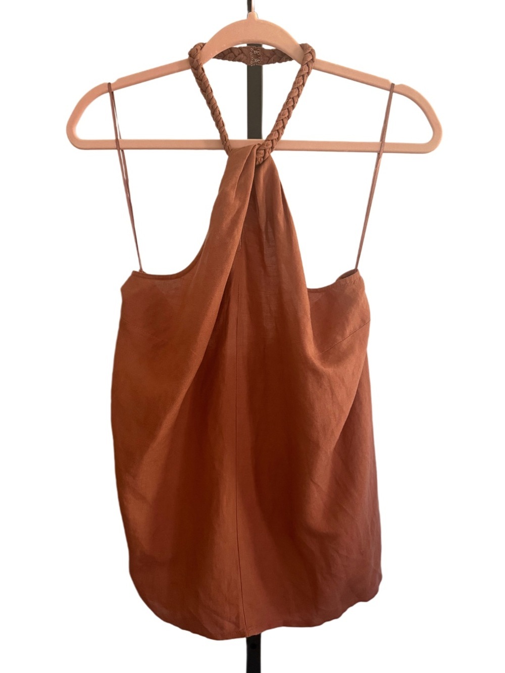 Boho Coastal Cowgirl Beach Vacay Brown Linen Braided Neck Halter Top Medium
